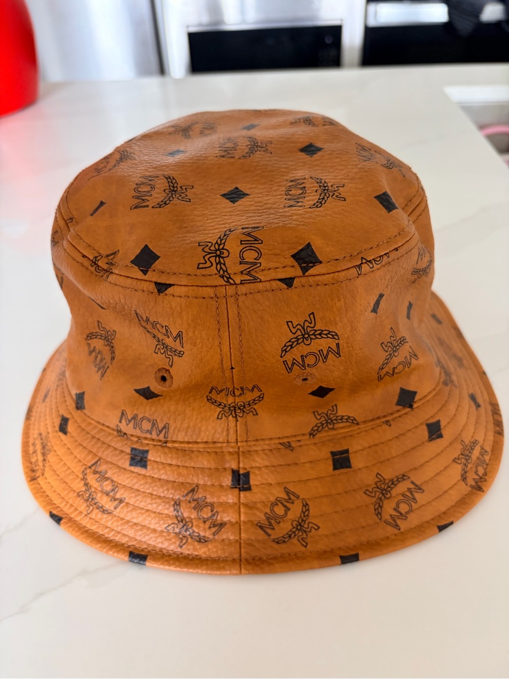 MCM Cognac Monogram Leather Bucket Hat